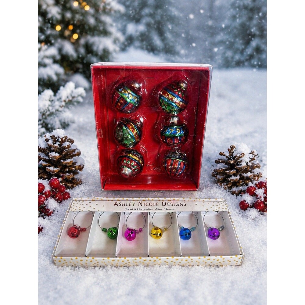 Boston Warehouse Ornament Salt Pepper Shakers Set Wine Charms Christmas Bonus
